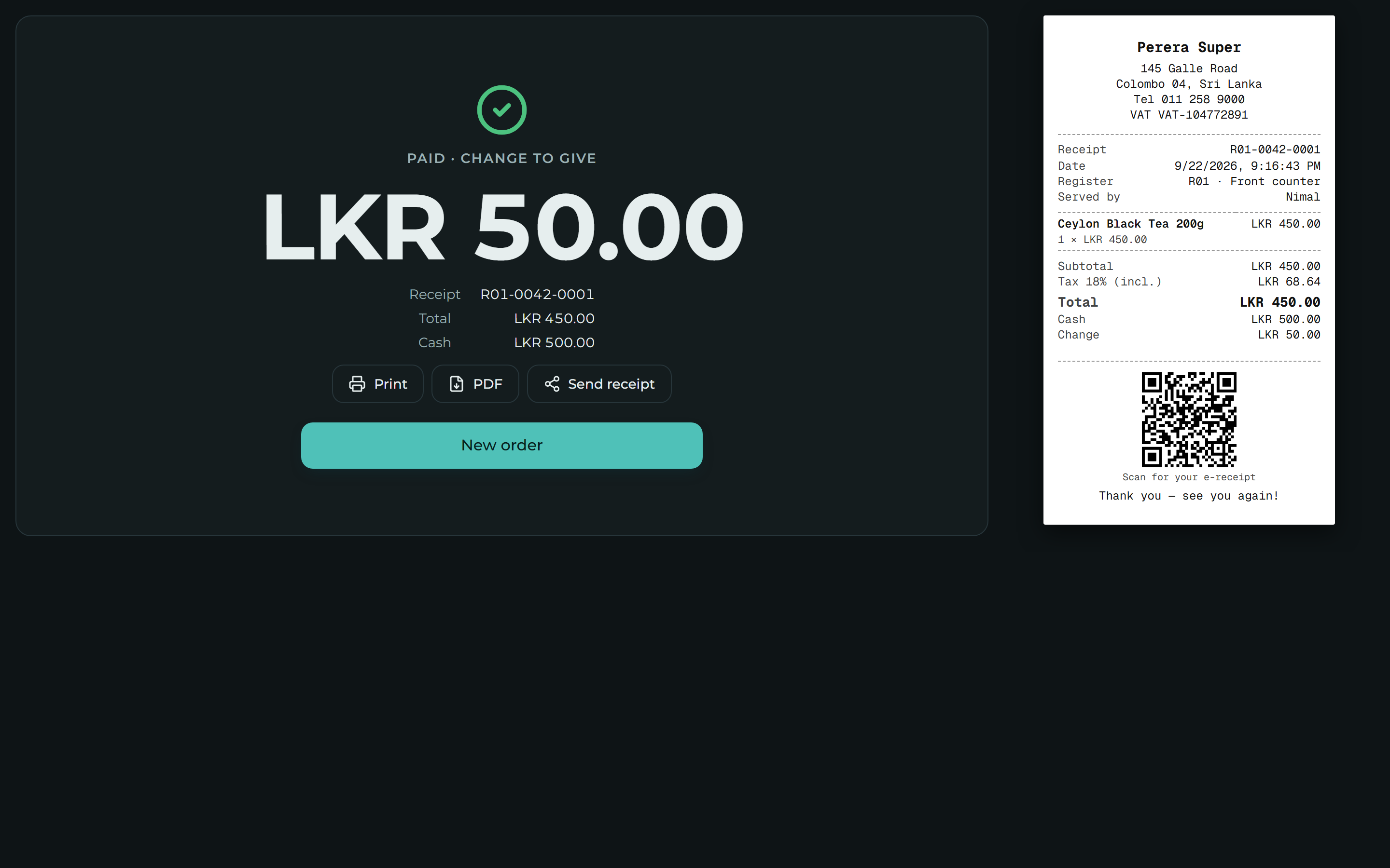 Paid screen showing the change to give, beside the receipt ready to print or send.
